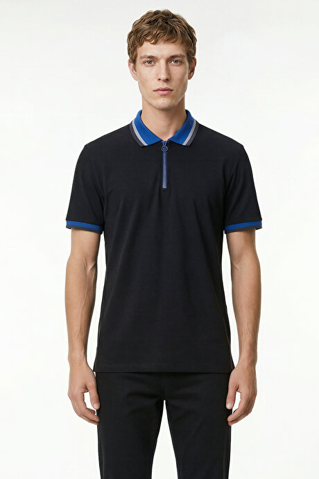 Regular Fit Geniş Kesim Polo Yaka %100 Pamuk Siyah-Saks Tişört resmi