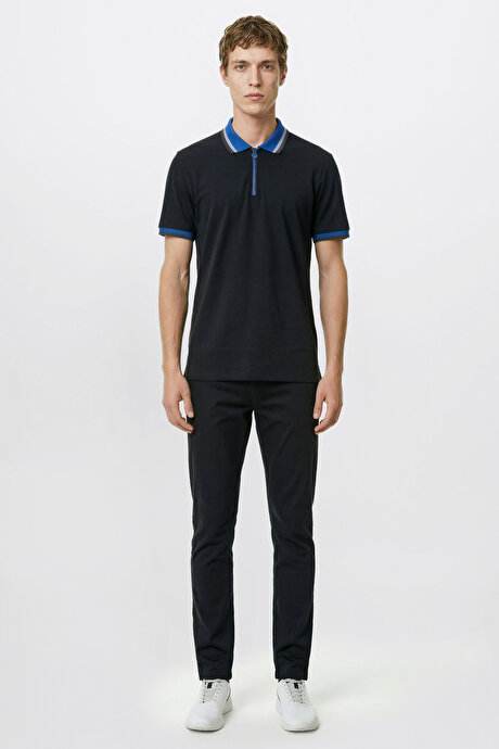 Regular Fit Geniş Kesim Polo Yaka %100 Pamuk Siyah-Saks Tişört resmi