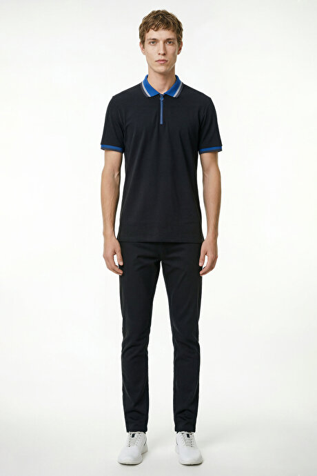 Regular Fit Geniş Kesim Polo Yaka %100 Pamuk Siyah-Saks Tişört resmi