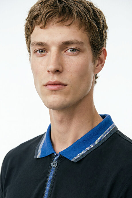 Regular Fit Geniş Kesim Polo Yaka %100 Pamuk Siyah-Saks Tişört resmi