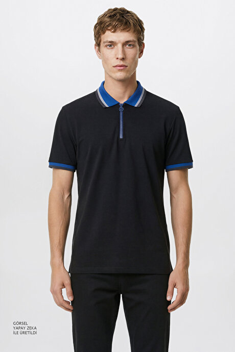 Regular Fit Geniş Kesim Polo Yaka %100 Pamuk Siyah-Saks Tişört resmi