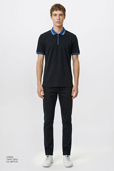 Regular Fit Geniş Kesim Polo Yaka %100 Pamuk Siyah-Saks Tişört resmi