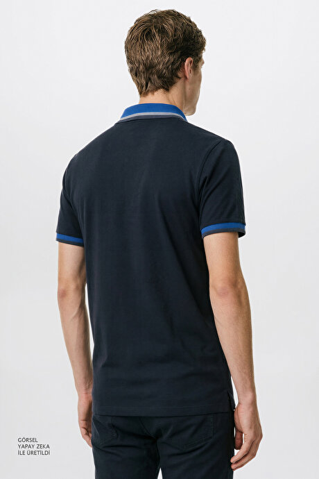 Regular Fit Geniş Kesim Polo Yaka %100 Pamuk Siyah-Saks Tişört resmi
