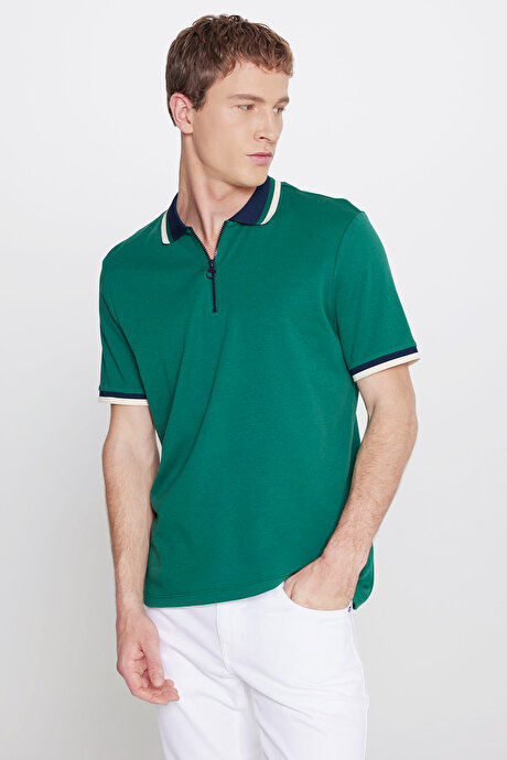 Regular Fit Geniş Kesim Polo Yaka %100 Pamuk Yeşil-Lacivert Tişört resmi