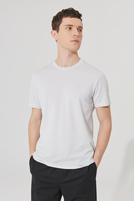 Kolay Ütülenebilir Slim Fit Dar Kesim Bisiklet Yaka Jakarlı Kısa Kollu Gri-Beyaz Tişört resmi