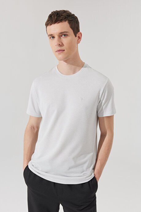 Kolay Ütülenebilir Slim Fit Dar Kesim Bisiklet Yaka Jakarlı Kısa Kollu Gri-Beyaz Tişört resmi
