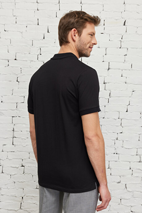 Slim Fit Dar Kesim Polo Yaka %100 Organik Pamuklu Siyah Tişört resmi