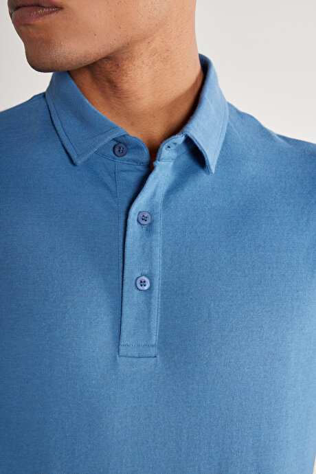 Slim Fit Dar Kesim Polo Yaka Kısa Kollu Mavi Tişört resmi