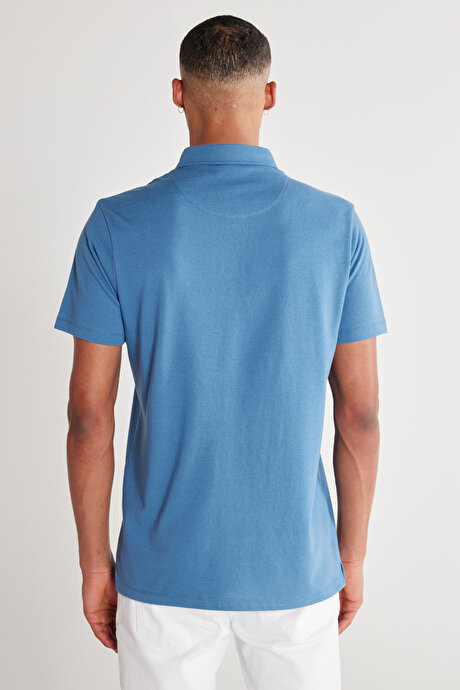 Slim Fit Dar Kesim Polo Yaka Kısa Kollu Mavi Tişört resmi