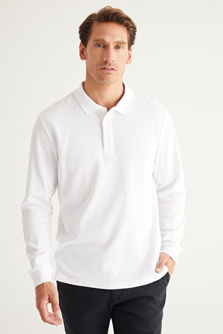 Slim Fit Dar Kesim Polo Yaka %100 Pamuk Beyaz Uzun Kollu Tişört resmi