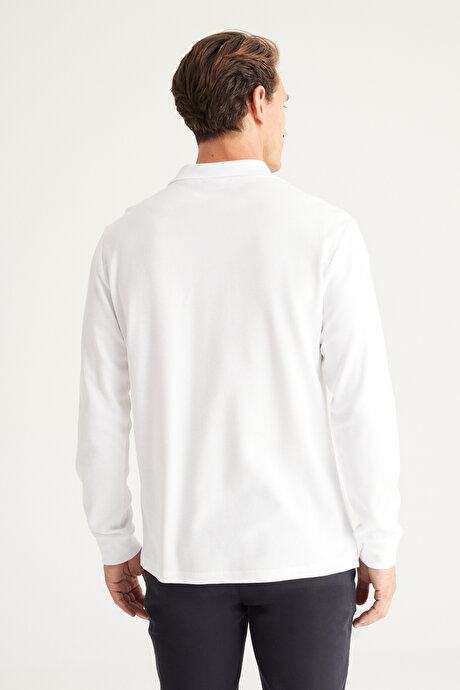 Slim Fit Dar Kesim Polo Yaka %100 Pamuk Beyaz Uzun Kollu Tişört resmi
