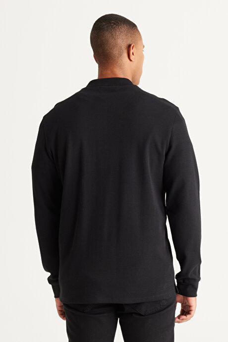 Slim Fit Dar Kesim Polo Yaka %100 Pamuk Siyah Uzun Kollu Tişört resmi