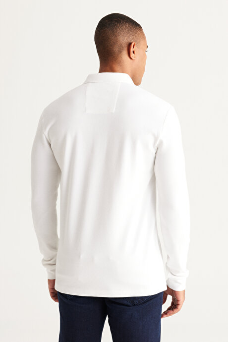 Slim Fit Dar Kesim Polo Yaka Pamuklu Beyaz Uzun Kollu Tişört resmi
