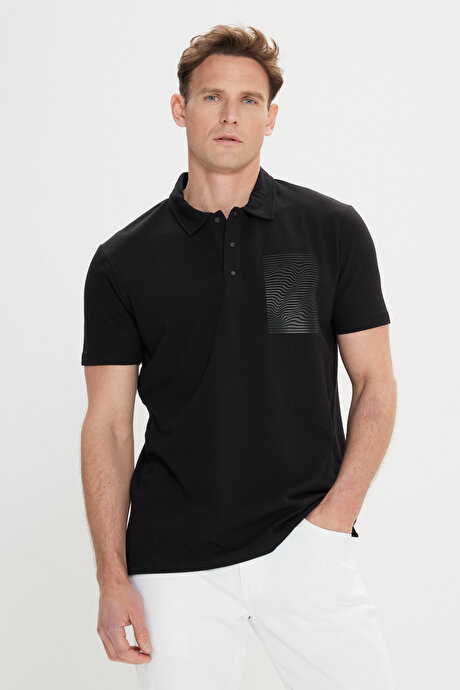 Slim Fit Dar Kesim %100 Pamuk Baskılı Polo Yaka Siyah Tişört resmi