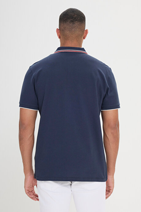 Slim Fit Dar Kesim %100 Pamuk Polo Yaka Lacivert Tişört resmi
