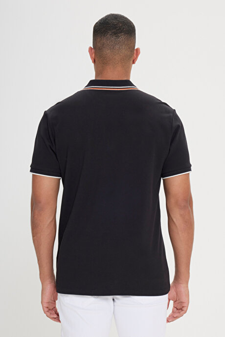 Slim Fit Dar Kesim %100 Pamuk Polo Yaka Siyah Tişört resmi