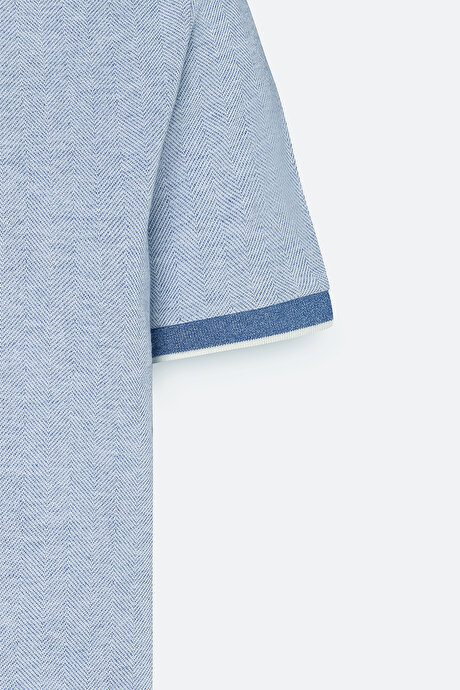 Slim Fit Dar Kesim Pamuklu Jakarlı Polo Yaka Mavi Tişört resmi