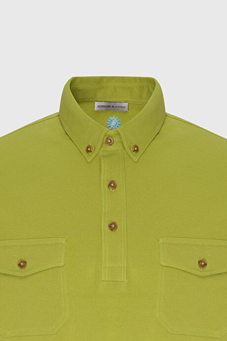 Slim Fit Dar Kesim %100 Pamuk Polo Yaka Fıstık Yeşil Tişört resmi