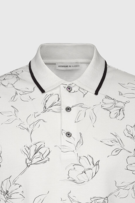 Slim Fit Dar Kesim %100 Pamuk Çiçek Baskılı Polo Yaka Beyaz-Lacivert Tişört resmi