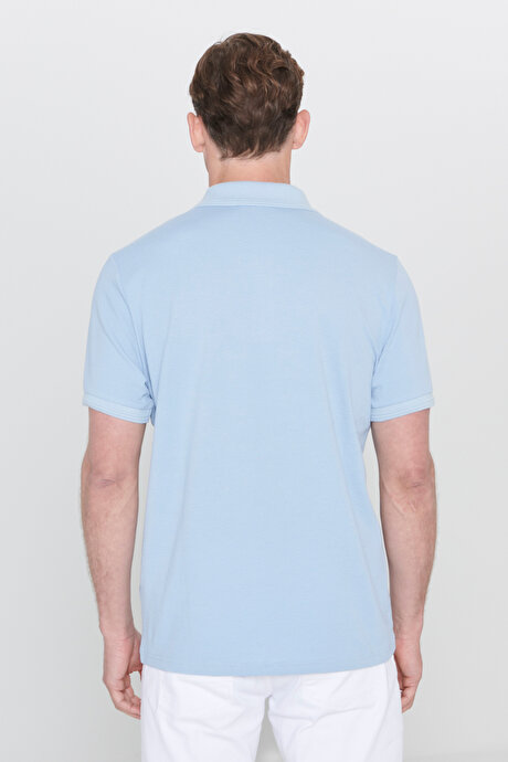 Slim Fit Dar Kesim Polo Yaka Baskılı Pamuklu Açık Mavi Tişört resmi