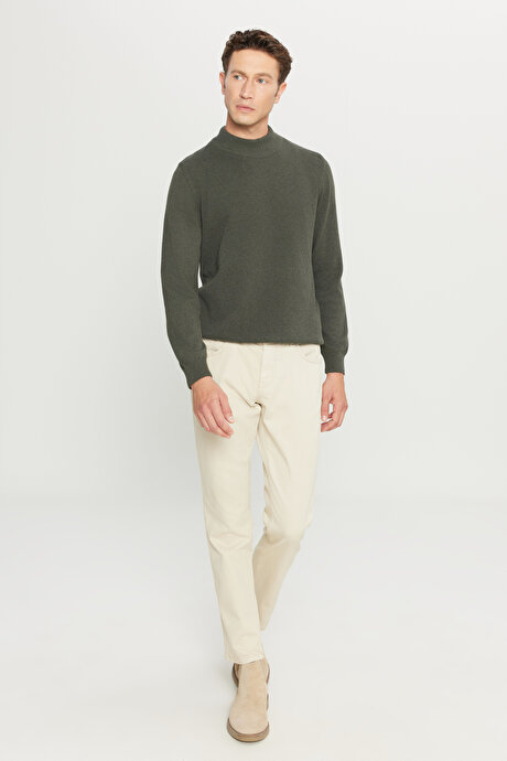 Standart Fit Normal Kesim Yarım Balıkçı Yaka Pamuklu Haki Kazak resmi