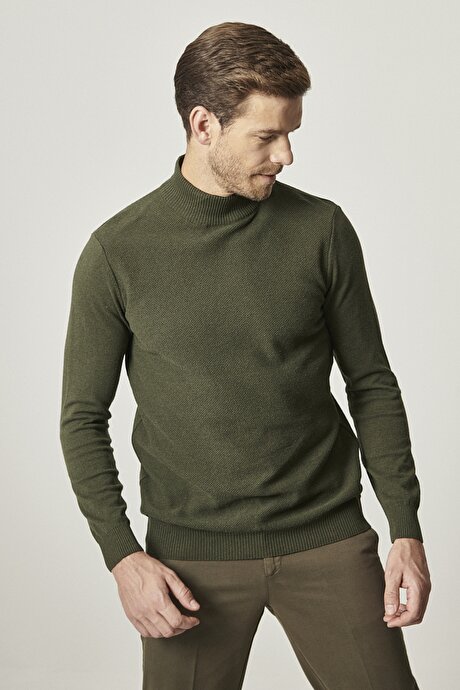 Standart Fit Normal Kesim Yarım Balıkçı Yaka Pamuklu Yeşil Kazak resmi