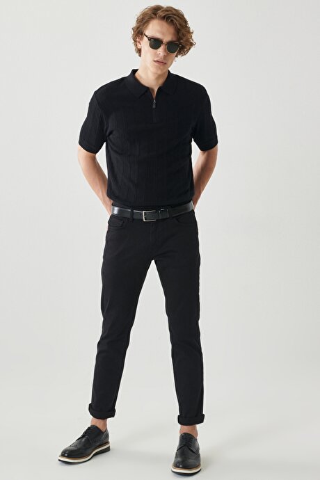 Standart Fit Normal Kesim %100 Pamuk Polo Yaka Siyah Triko Tişört resmi