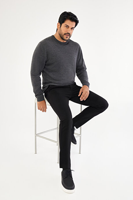 Anti-Pilling Tüylenme Yapmayan Standart Fit Normal Kesim Bisiklet Yaka Triko Antrasit-Melanj Kazak resmi