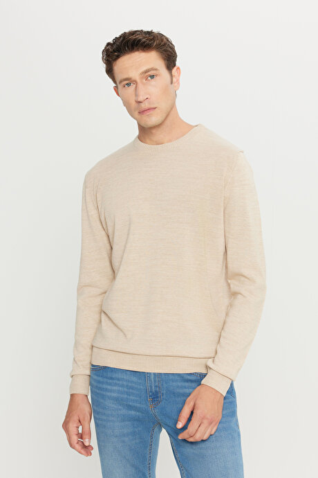 Anti-Pilling Tüylenme Yapmayan Standart Fit Normal Kesim Bisiklet Yaka Triko Bej Kazak resmi