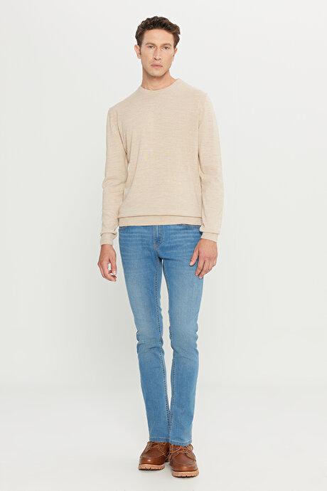 Anti-Pilling Tüylenme Yapmayan Standart Fit Normal Kesim Bisiklet Yaka Triko Bej Kazak resmi