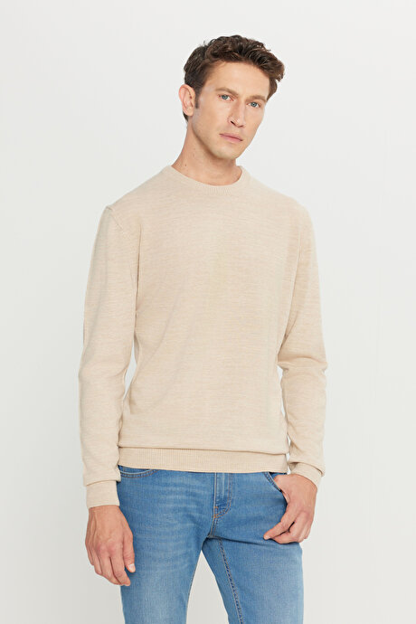 Anti-Pilling Tüylenme Yapmayan Standart Fit Normal Kesim Bisiklet Yaka Triko Bej Kazak resmi