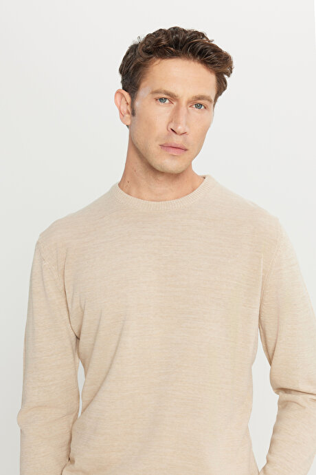 Anti-Pilling Tüylenme Yapmayan Standart Fit Normal Kesim Bisiklet Yaka Triko Bej Kazak resmi