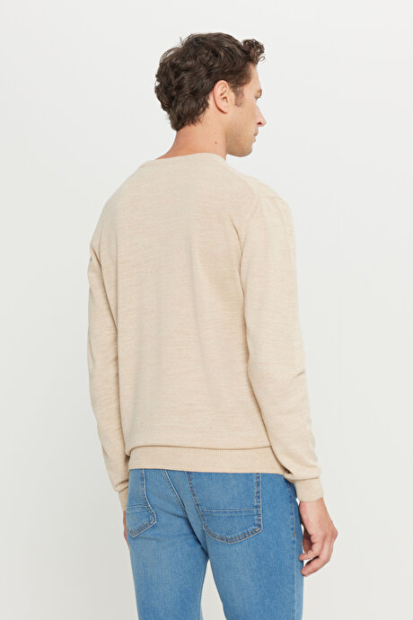 Anti-Pilling Tüylenme Yapmayan Standart Fit Normal Kesim Bisiklet Yaka Triko Bej Kazak resmi