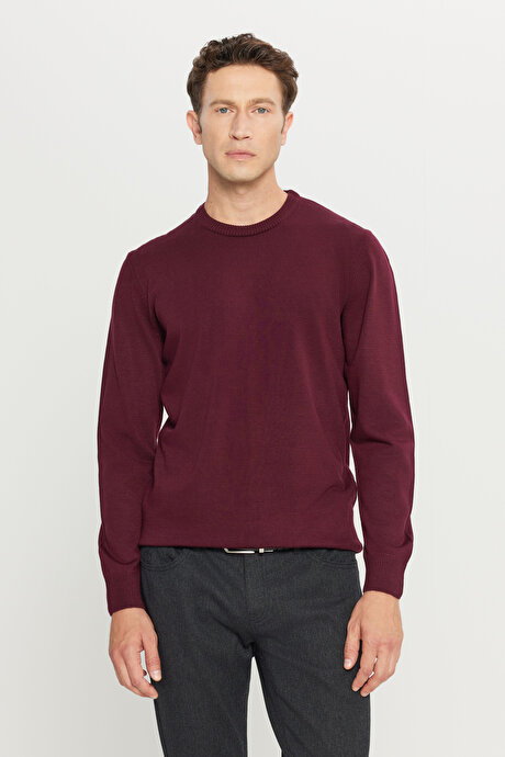 Anti-Pilling Tüylenme Yapmayan Standart Fit Normal Kesim Bisiklet Yaka Triko Bordo Kazak resmi