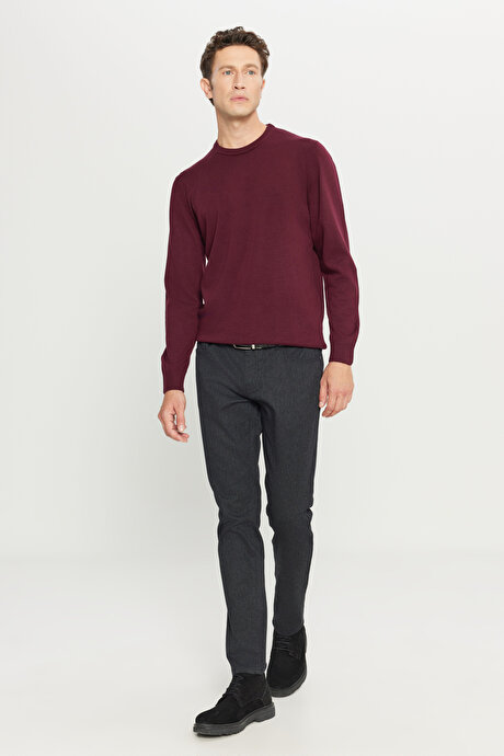 Anti-Pilling Tüylenme Yapmayan Standart Fit Normal Kesim Bisiklet Yaka Triko Bordo Kazak resmi