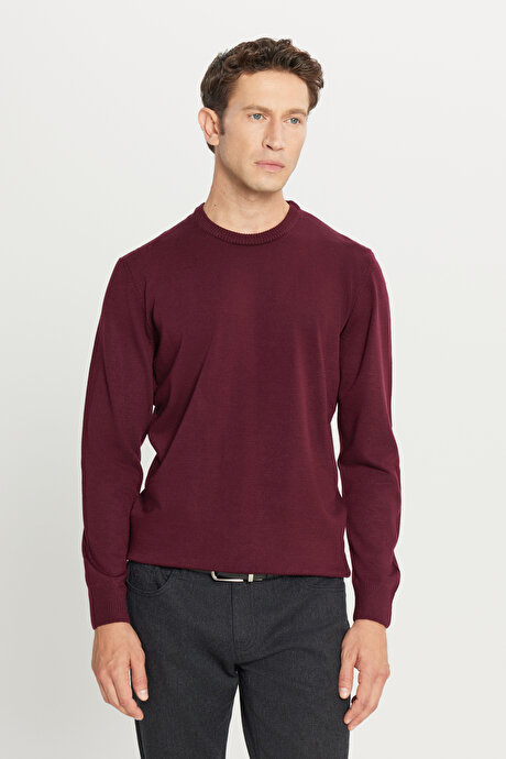 Anti-Pilling Tüylenme Yapmayan Standart Fit Normal Kesim Bisiklet Yaka Triko Bordo Kazak resmi