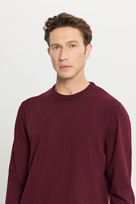 Anti-Pilling Tüylenme Yapmayan Standart Fit Normal Kesim Bisiklet Yaka Triko Bordo Kazak resmi