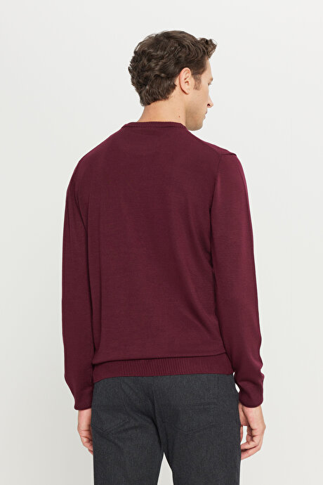 Anti-Pilling Tüylenme Yapmayan Standart Fit Normal Kesim Bisiklet Yaka Triko Bordo Kazak resmi