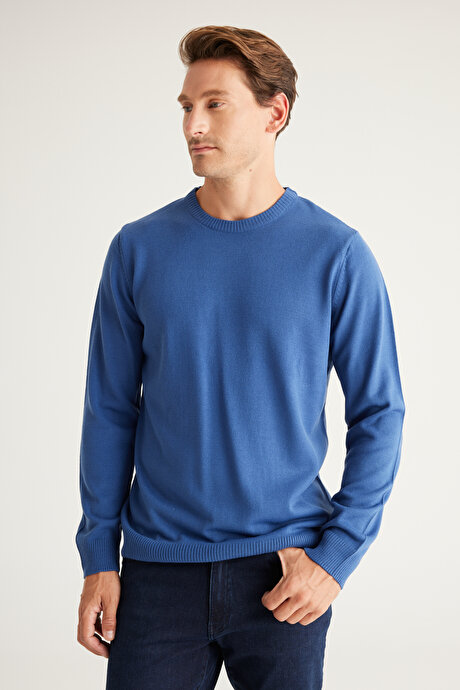 Anti-Pilling Tüylenme Yapmayan Standart Fit Normal Kesim Bisiklet Yaka Triko İndigo Kazak resmi