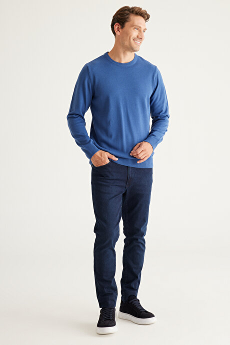 Anti-Pilling Tüylenme Yapmayan Standart Fit Normal Kesim Bisiklet Yaka Triko İndigo Kazak resmi