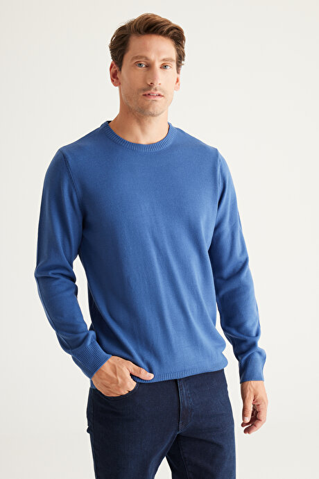 Anti-Pilling Tüylenme Yapmayan Standart Fit Normal Kesim Bisiklet Yaka Triko İndigo Kazak resmi