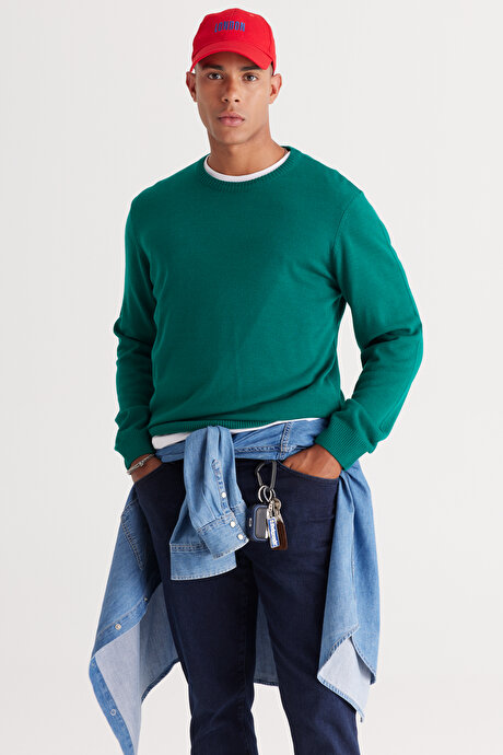 Anti-Pilling Tüylenme Yapmayan Standart Fit Normal Kesim Bisiklet Yaka Triko Koyu Yeşil Kazak resmi