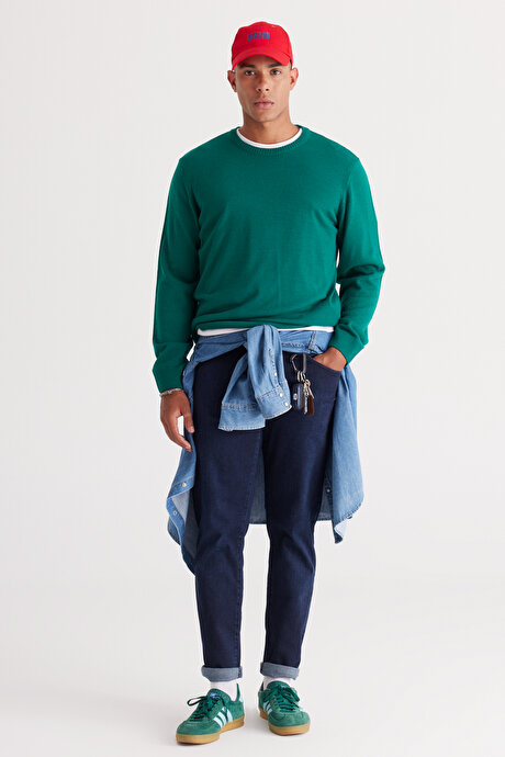 Anti-Pilling Tüylenme Yapmayan Standart Fit Normal Kesim Bisiklet Yaka Triko Koyu Yeşil Kazak resmi