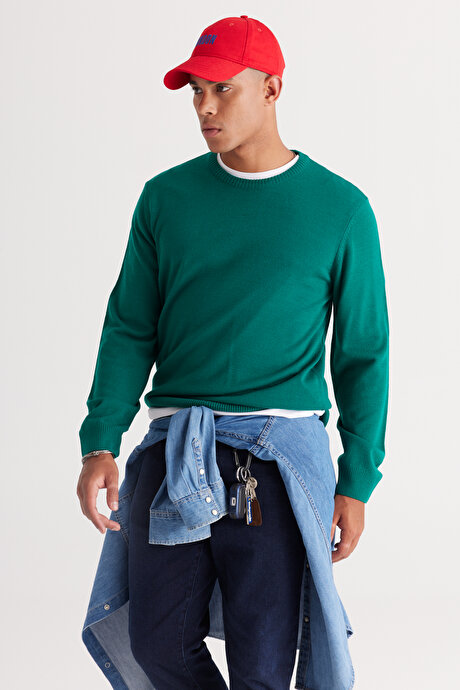 Anti-Pilling Tüylenme Yapmayan Standart Fit Normal Kesim Bisiklet Yaka Triko Koyu Yeşil Kazak resmi