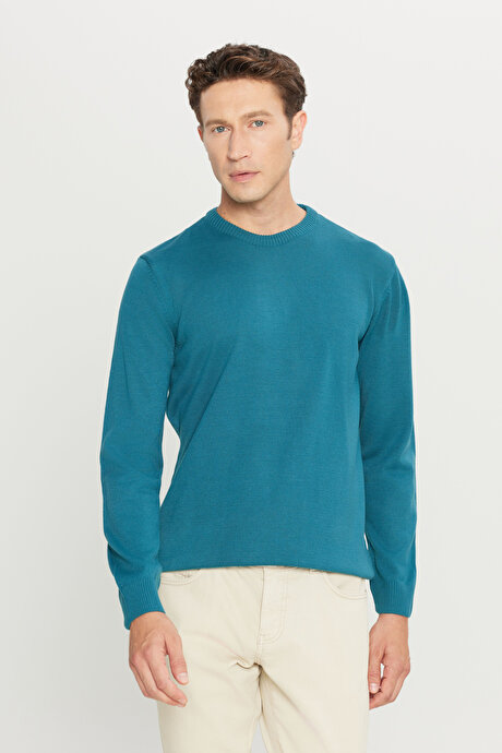 Anti-Pilling Tüylenme Yapmayan Standart Fit Normal Kesim Bisiklet Yaka Triko Petrol Kazak resmi