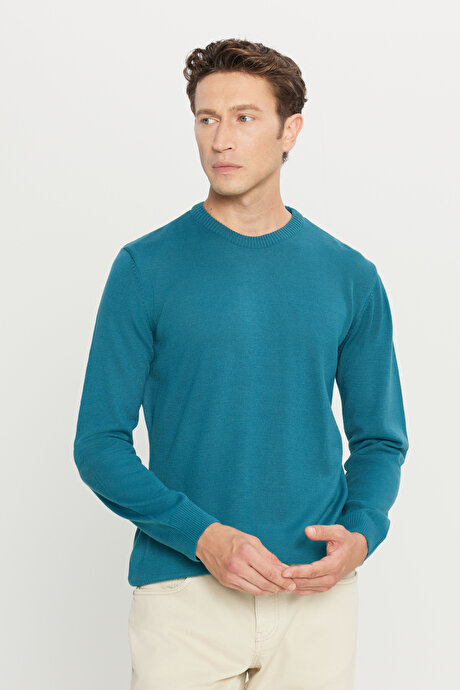 Anti-Pilling Tüylenme Yapmayan Standart Fit Normal Kesim Bisiklet Yaka Triko Petrol Kazak resmi