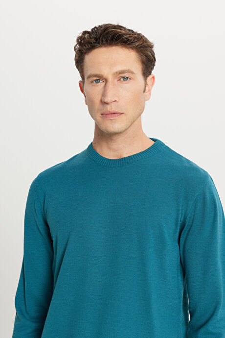 Anti-Pilling Tüylenme Yapmayan Standart Fit Normal Kesim Bisiklet Yaka Triko Petrol Kazak resmi