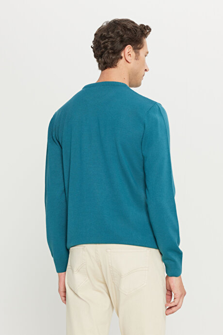 Anti-Pilling Tüylenme Yapmayan Standart Fit Normal Kesim Bisiklet Yaka Triko Petrol Kazak resmi