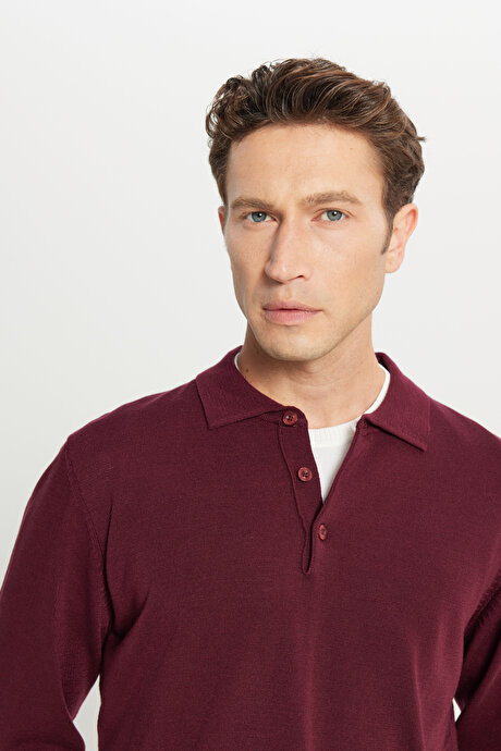 Tüylenme Yapmayan Anti Pilling Özellikli Standart Fit Polo Yaka Bordo Kazak resmi
