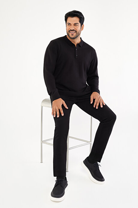 Tüylenme Yapmayan Anti Pilling Özellikli Standart Fit Polo Yaka Siyah Kazak resmi